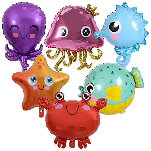 MEZHEN Folienballon Meerestier Luftballons Seestern Ballons Hippocampus Luftballon Kugelfisch Qualle Fisch Tintenfisch Krabbe für Kinder Geburtstag Meeres Tier Party Dekoration 6 Stücke von MEZHEN