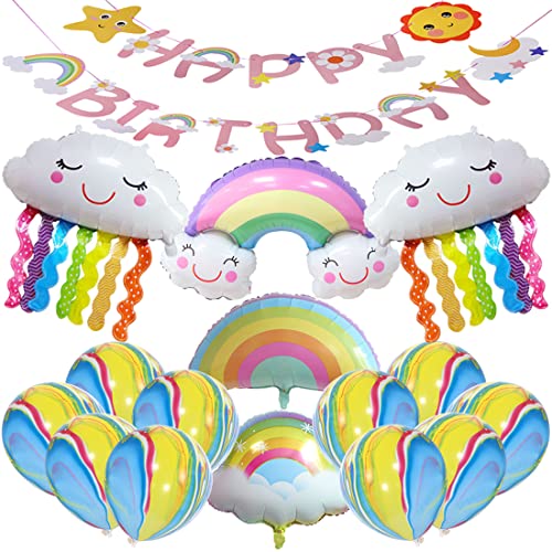 MEZHEN Regenbogen Luftballon Aluminium Folie Ballon Wolken Folienballon Geburtstagsdeko Lächelnde Quasten Heliumballons Wolkenförmige Riesenballon zum Baby Shower Geburtstagdeko Party Deko 16 Stück von MEZHEN