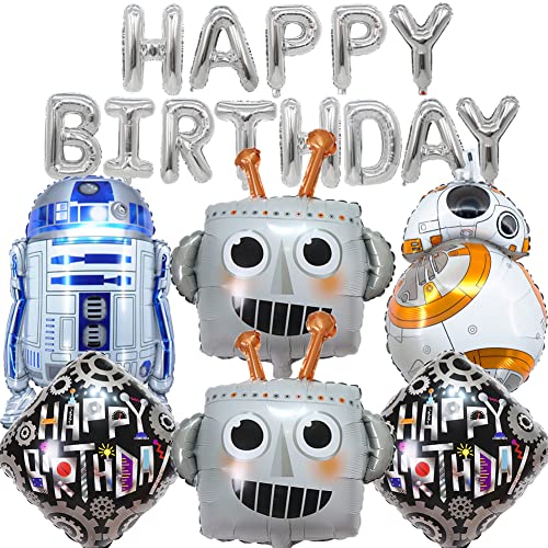 MEZHEN Geburtstag Deko Roboter Folienballon Geburtstagsparty Deko Ballons Roboter Luftballon Girlande Happy Birthday Banner Kindergeburtstag Geburtstagsdeko von MEZHEN