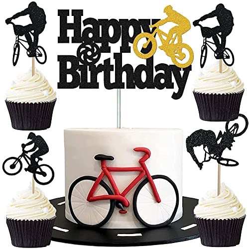 MEZHEN Glitter Tortendeko Fahrrad Kuchen Deko Geburtstag Bicycle Kuchen Toppers Bike Muffin Deko Torte Happy Birthday Kindergeburtstag Deko 25 Stücke von MEZHEN