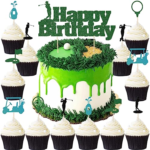 MEZHEN Golf Kuchendekoration mit Überschrift für den Grünen Tortenaufsatz Golf Happy Birthday Cupcake Topper Golf Dekoration für Kuchen 25 Stück von MEZHEN