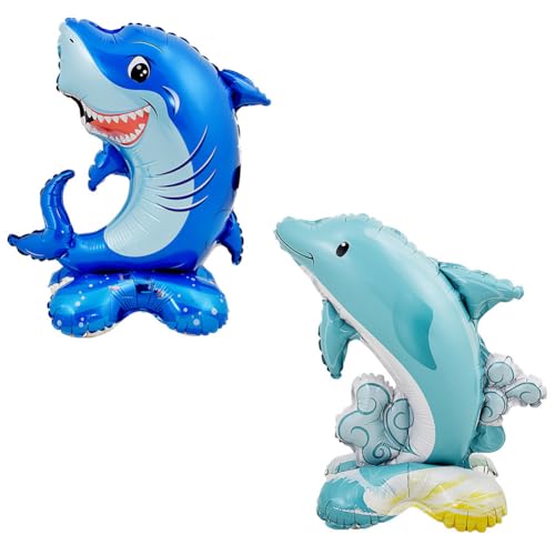 MEZHEN Hai Folienballon Shark Geburtstagsdeko Ballon Delfin Luftballon Folie Kindergeburtstag Deko Geburtstag Luftballons Helium Blau Meerestier Themenparty Geburtstagsfeier Stehend Ballons 8 Stück von MEZHEN