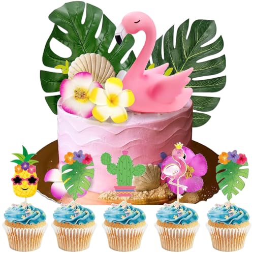 MEZHEN Hawaii Tortendeko Flamingo Kuchen Deko Blumen Torte Deko Geburtstag Cake Topper Kuchendekoration Palmblätter Kuchendeko Strand Tropical Picknick Kuchen Topper Cupcake von MEZHEN