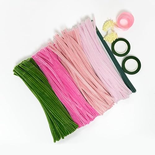 MEZHEN Pfeifenreiniger Blumen Set Pfeifenputzer zum Basteln Rosa Pipe Cleaner Pfeifenreiniger zum Basteln mit Grün Basteldraht Geschenkband Floristenband von MEZHEN