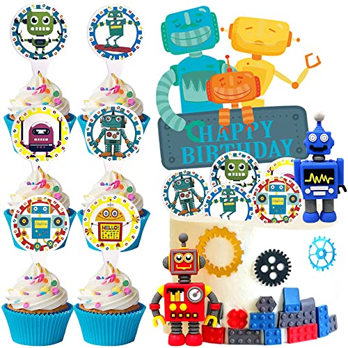 MEZHEN Roboter Tortendeko Junge Kuchendeko Roboter Figuren Happy Birthday Cake Topper Geburtstag Torte Kinder Geburtstagstorte Dekoration 27 Stücke von MEZHEN