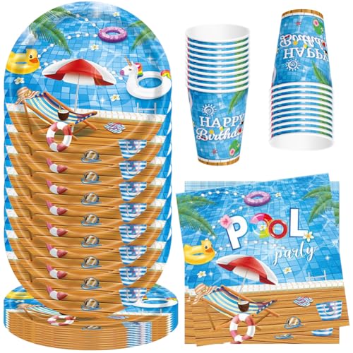 MEZHEN Swimming Pool Partygeschirr Kindergeburtstag Deko Summer Geburtstag Party Geschirr Pool Pappteller Becher Servietten Geburtstagsparty Sommerparty Babyparty Strand Tischdeko von MEZHEN