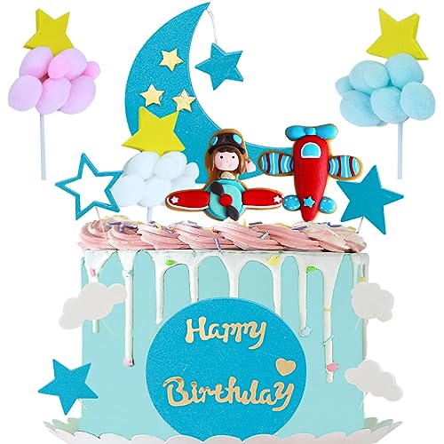 MEZHEN Tortendeko Flieger Cake Decoration Flieger Happy Birthday Cake Topper Wolken Sterne Kuchen Deko für Geburtstagstorte Dekoration 13 Stück von MEZHEN