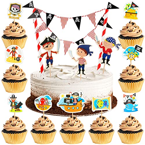 MEZHEN Tortendeko Piraten Kuchen Deko Geburtstag Cake Topper Piraten Kindergeburtstag Torte Deko Happy Birthday Cupcake Topper Pirat Kuchendeko Geburtstagsdeko 22 Stück von MEZHEN