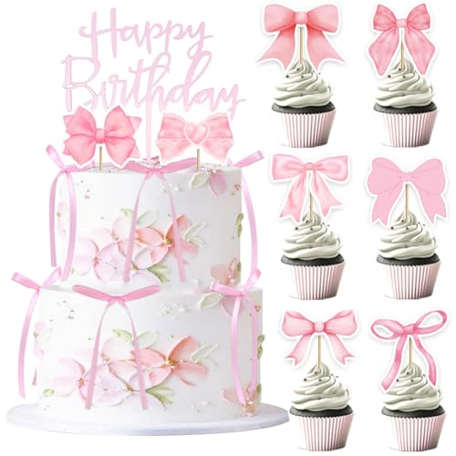 MEZHEN Tortendeko Schleife Kuchen Deko Geburtstag Torte Deko Happy Birthday Cupcake Topper Babyparty Hochzeit Hochzeitstag Kuchendeko Themed Party Rosa von MEZHEN