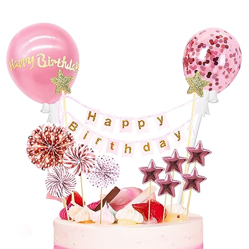 MFCGHXR Kuchenaufsatz-Dekorationsset, 12 Stück, "Happy Birthday"-Kuchenaufsatz, Wimpelkette, Banner mit rosa Luftballons, Sternen, Sonnenblumen, Geburtstagsparty, Cupcake-Topper, Ornamente von MFCGHXR