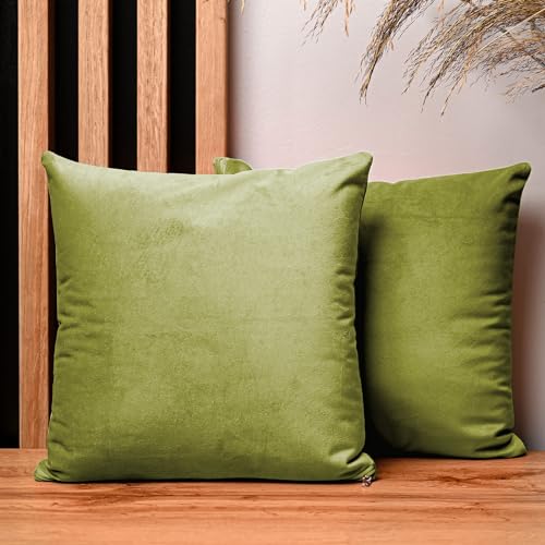 2er Set Kissenbezug 30x30 cm Oliv quadratisch - aus Samtstoff, mit Reißverschluss - dekorative Kissenbezüge für Kissen 30x30, Deko Schlafzimmer, Deko Wohnzimmer von MG Design