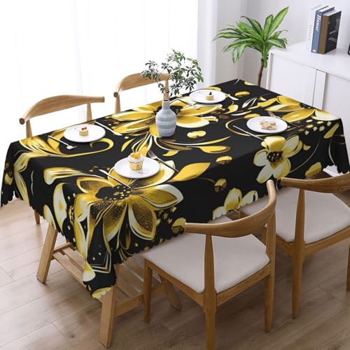 MGGAklp Rechteckige Tischdecke mit Blumendruck, waschbar, für Esszimmer, Party, drinnen und draußen, Schwarz und Gold von MGGAklp