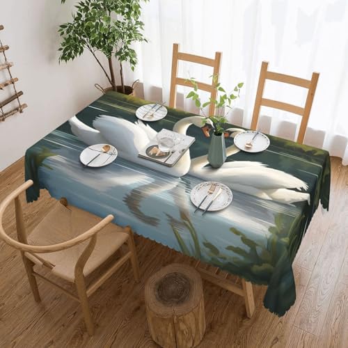 MGGAklp Rechteckige Tischdecke mit schönem weißen Schwänen auf dem See, waschbar, für Esszimmer, Party, drinnen und draußen von MGGAklp