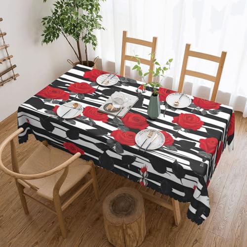 MGGAklp Rechteckige Tischdecke mit schwarz-weißen Streifen, roten Rosen, waschbar, Tischdecke für Esszimmer, Party, drinnen und draußen von MGGAklp