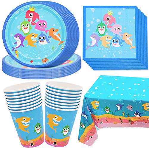 MGKEOUF 49pcs Shark Party Supplies Set, Shark Party Geschirr, Teller, Pappbecher, Papiertücher, Tischdecken, Shark Kindergeburtstag Dekoration - 16 Position MGKEOUF 49pcs Shark Party Supplies Set, Shark Party Geschirr, Teller, Pappbecher, Papiertücher, Tischdecken, Shark Kindergeburtstag Dekoration - 16 Position von MGKEOUF