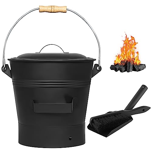 Ascheeimer mit Deckel 10 Liter, Reinigungsbürste, Schaufel, Aschetonne Kohleeimer Werkzeugset Zubehör für Kamin, Kohleeimer-Set zur Aufbewahrung von heißer und kalter Asche, Schwarzer Kaminkohleeimer von MGiessca