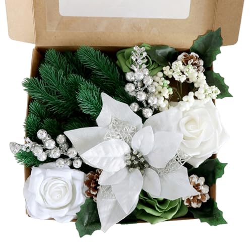 MHADBKH Weihnachts-Seidenblumen-Box-Set, kreative Weihnachtsdekorationen, Packung mit Seidenblume und Kugeln für Bastler von MHADBKH