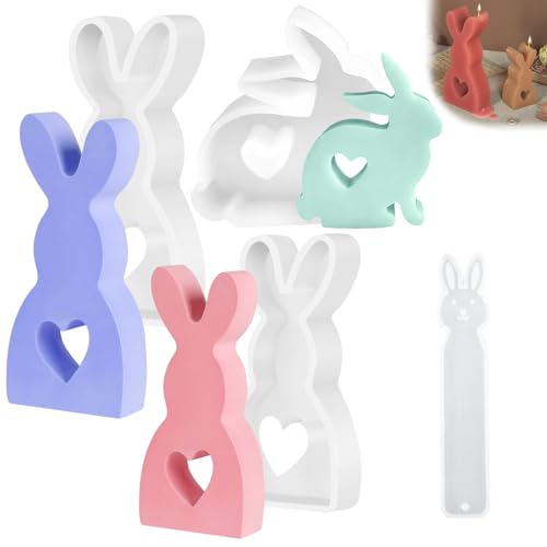 MHDUYEG Silikonform Ostern 3 Stücke Silikonform Hase Silikonformen Gießformen Ostern 3D Kaninchen Gießform Ostern DIY Hasenform für Ostern, Ostergeschenke (Mit 1 Kaninchen Lesezeichen Silikonform) von MHDUYEG