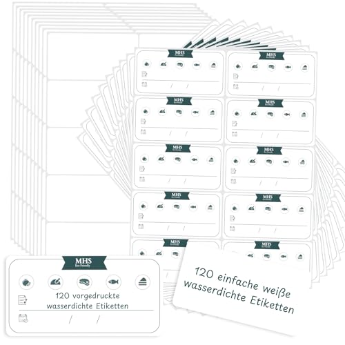 240 Starke Gefrieretiketten – 120 Leere & 120 Vorgedruckte, Sprachneutral, Einfach Abziehbare Aufkleber für Vorrat, Meal Prep, Beutel, Gläser – Kompatibel mit Laser/Tintenstrahldruckern (6 x 3 cm) von MHSEcoFriendly