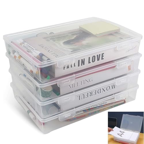 MHwan Dokumentenbox A4, 4 Stück Stapelbare Plastikbox mit Deckel, Robust und Langlebig, BPA-Frei, für Bürobedarf, Basteln, Teile, Fotos, Stifte Aufbewahrung, Durchscheinend (31x22x5cm) von MHwan