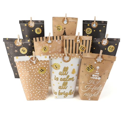MHwan Tüten Adventskalender zum Befüllen, 24 Stück Stilvolle und Moderne Bedruckte Papiertüten Adventskalender Groß, Geeignet für DIY Weihnachtsdekorationen und Geschenke, Starkes Kraftpapier MHwan Tüten Adventskalender zum Befüllen, 24 Stück Stilvolle und Moderne Bedruckte Papiertüten Adventskalender Groß, Geeignet für DIY Weihnachtsdekorationen und Geschenke, Starkes Kraftpapier von MHwan