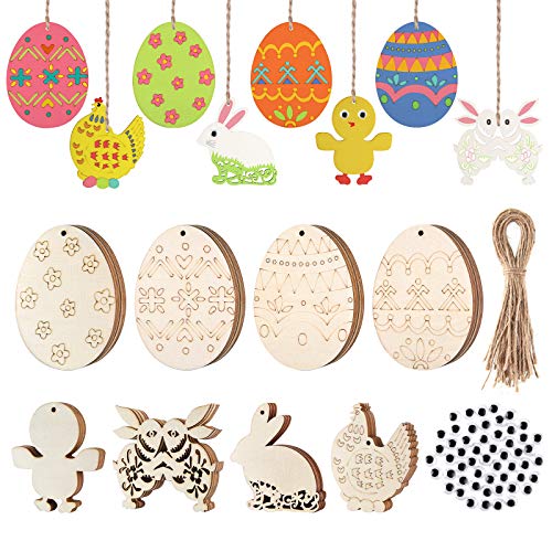 MIAHART 128 Stück Ostern Holz Ornamente Unvollendete Ostern Tags Eier Hase Küken Ausschnitte Scheiben mit Schnüren für DIY Ostern Basteln Osterdekorationen von MIAHART