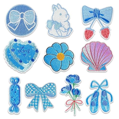 10 Stück Blaue Kawaii Gestickte Patches | Eisen - On/Nähen - Auf süßen Patches für Kleidung, Taschen, DIY-Handwerk (Bügen, Hase, Blume, Herz Designs) (Blau Weiß) von MIANRUII