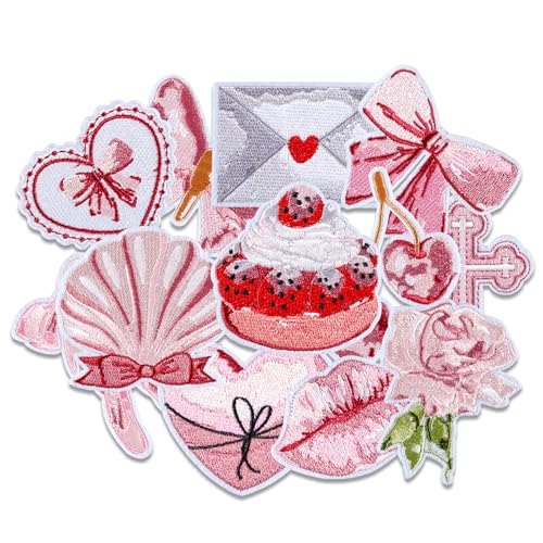 12PCS Rosa Schleife Bügelaufnäher Set, gestickte Applique Vintage Schmetterling Lippe Kirsche Rose Kreuz Kuchen Patch für Mädchen Frauen Kleidung, Kleid, Hut, Jeans, DIY Zubehör (Rosa) von MIANRUII