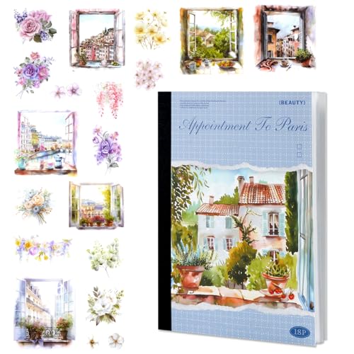 MIANRUII 18 Stück Aquarell Paris Scrapbook Aufkleber Set - Floral Fenster & Scenic Gebäude Abziehbilder für Journaling, DIY Crafts, Planner Dekor (Blau) von MIANRUII