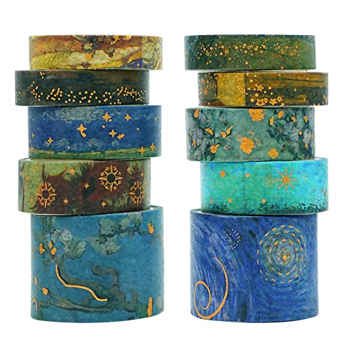 MIANRUII Van Gogh Washi Tape Set Vintage Aquarell Washi Masking Tape Set mit Goldfolie Ästhetisches dekoratives Klebeband, perfekt für Bullet Journal, Sammelalben, Heimwerken von MIANRUII