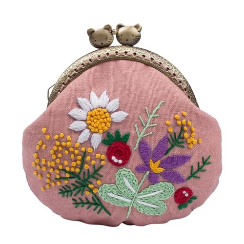 MIAO JIN 1 Set Stickerei-Münzgeldbörsen-Set für Anfänger, handgefertigt, bestickt, Clutch, Starter-Set mit allen Zubehörwerkzeugen, Bambus-Stickrahmen (Rosa) von MIAO JIN
