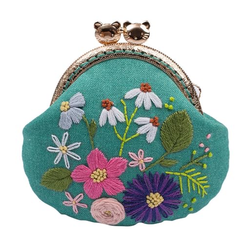 MIAO JIN Niedliches Stickerei-Set für Anfänger, handgefertigt, bestickt, Clutch, Starter-Set mit allem Zubehör, Bambus-Stickrahmen (grün) von MIAO JIN