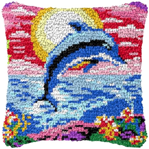 MIAOLLUN Knüpfhaken-Set, Motiv: Sonnenuntergang, Delfin, DIY-Kissenbezug für Erwachsene und Kinder, Farbmuster, bedruckte Haken, Häkelgarn, Handarbeit, Stickerei, 43,2 x 43,2 cm MIAOLLUN Knüpfhaken-Set, Motiv: Sonnenuntergang, Delfin, DIY-Kissenbezug für Erwachsene und Kinder, Farbmuster, bedruckte Haken, Häkelgarn, Handarbeit, Stickerei, 43,2 x 43,2 cm von MIAOLLUN
