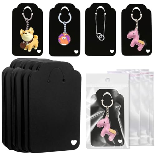 100 Stück Schlüsselanhänger-Display-Karten, 7,1 x 12,7 cm, Schlüsselanhänger-Schmuckverpackung mit 100 Taschen für kleine Unternehmen (schwarz) von MICATINDO