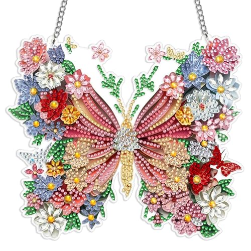MICHIHOMIE Diamond Painting Fensterbilder, 5D DIY Diamond Painting Frühling mit Kette, Diamont Painting Schmetterling Anhänger für Fenster Wand und Eingang Decor von MICHIHOMIE