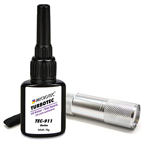 Microtec® Turbotec 911 Glas Spezial UV-Kleber | extra stark für Glas/Metall | 10g | mit UV-Taschenlampe | lichthärtender und transparenter Klebstoff | Qualitätsprodukt aus Deutschland von MICROTEC