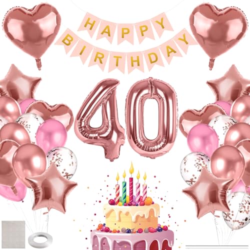 MIEWAA 40 Jahre Geburtstag Deko Luftballons Set Geburtstagsdeko mit 40th HAPPY BIRTHDAY Banner Latexballons Konfetti Ballons Folienballons Partydeko für Frau Roségold Rosa von MIEWAA