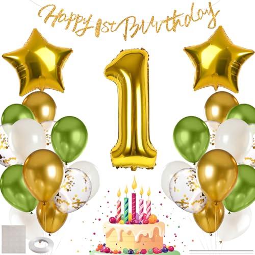 MIEWAA 1 Jahr Geburtstag Deko Luftballons Set Geburtstagsdeko Baby Erster mit 1st HAPPY BIRTHDAY Banner Latexballons Konfetti Ballons Folienballons Partydeko für Mädchen Junge Kinder Grün-Gold-Weiß von MIEWAA