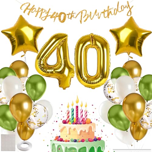 MIEWAA 40 Jahre Geburtstag Deko Luftballons Set Geburtstagsdeko mit 40th HAPPY BIRTHDAY Banner Latexballons Konfetti Ballons Folienballons Partydeko für Frau Mann Grün-Gold-Weiß von MIEWAA