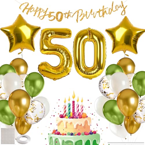 MIEWAA 50 Jahre Geburtstag Deko Luftballons Set Geburtstagsdeko mit 50th HAPPY BIRTHDAY Banner Latexballons Konfetti Ballons Folienballons Partydeko für Frau Mann Grün-Gold-Weiß von MIEWAA