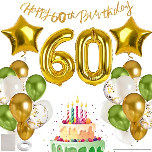 MIEWAA 60 Jahre Geburtstag Deko Luftballons Set Geburtstagsdeko mit 60th HAPPY BIRTHDAY Banner Latexballons Konfetti Ballons Folienballons Partydeko für Frau Mann Grün-Gold-Weiß von MIEWAA