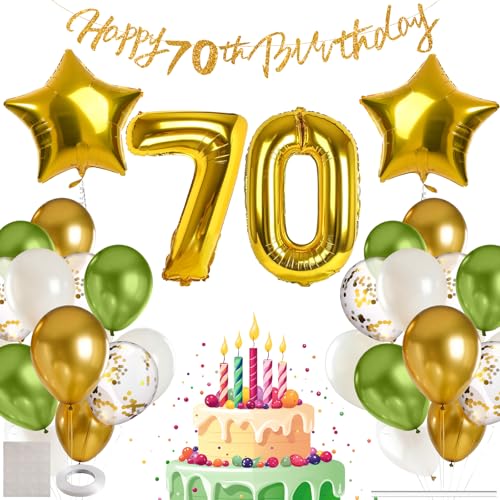MIEWAA 70 Jahre Geburtstag Deko Luftballons Set Geburtstagsdeko mit 70th HAPPY BIRTHDAY Banner Latexballons Konfetti Ballons Folienballons Partydeko für Frau Mann Grün-Gold-Weiß von MIEWAA