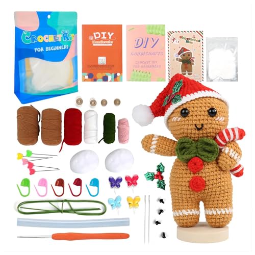 MIGIFTDY Weihnachts-Häkelset für Anfänger, Komplettes Lebkuchenmann-Bastelset mit Garn, Haken, Augen, Füllung, Einfache Anleitung, Niedliches Design, Perfekt für Geschenke und Dekorationen von MIGIFTDY