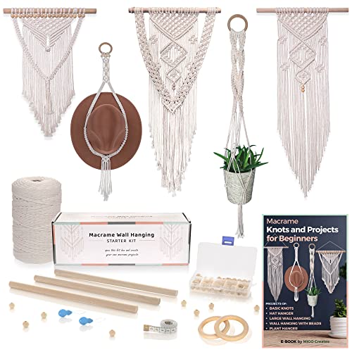 MIGO Creates Makramee-Set für Erwachsene und Anfänger: DIY-Makramee-Wandbehang-Set mit Makramee-Hutaufhänger – 220 Meter Makramee-Schnur und 58 Makramee-Zubehör. E-Book für 4 Projekte und Knoten im Lieferumfang enthalten von MIGO Creates
