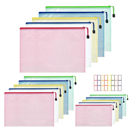 18 Stück Dokumententasche A4+A5+A6, Mesh Beutel mit ReißVerschluss Wasserdichte Dokumententasche, Reißverschlussbeutel mit Aufklebern für Dokumente Quittung Papier Prüfungsblatt Kosmetik 5 Farben von MIHURO