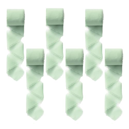 6 Rollen Chiffonband Grün, Stoff Geschenkband Grün 4CM X 5M Seidenband, Salbeigrün Geschenkband Hochzeit Fransen Stoffband für Blumensträuße, Geschenke, Bastelarbeiten und Dekoration（30m） von MIHURO