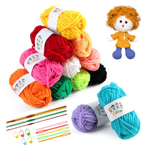 Häkeln Für Anfänger Set,12x10g Polyester Dickes Garn, 12 Farben Rainbow Häkelgarn Mit 3 Häkelnadeln, Knitting & Crochet Yarn für DIY Handwerk, Haustierkleidung, Hüten, Handtüchern von MIHURO