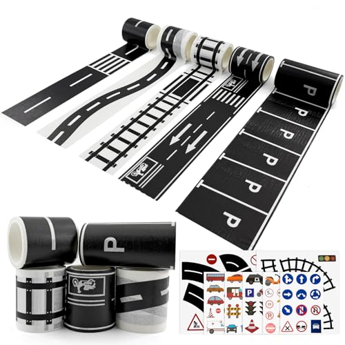 12 Stück Straße Washi Tape, 4 Rollen Straße Autobahn Eisenbahn Straßen Klebeband,1 Rollen Parkklebeband und 5 Verkehrszeichen Aufkleber,Autobahn Selbstklebend Straßenband Tape Einfaches Anbringen von MIHURO