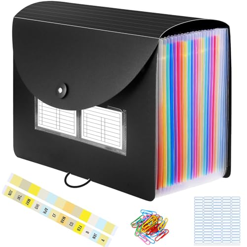 Dokumentenmappe A4, Fächermappe Sortiermappe mit 24 Fächern, Regenbogen Ordner Akkordeon Aktenordner mit Etiketten, Erweitern Ordnungsmappe mit Deckel (Schwarz-B) von MIILLPOP