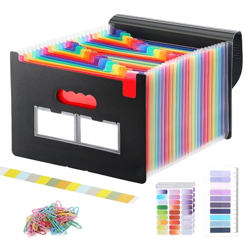 Dokumentenmappe A4, Fächermappe Sortiermappe mit 24 Fächern, Regenbogen Ordner Akkordeon Aktenordner mit Etiketten, Erweitern Ordnungsmappe mit Deckel (Schwarz-C) von MIILLPOP